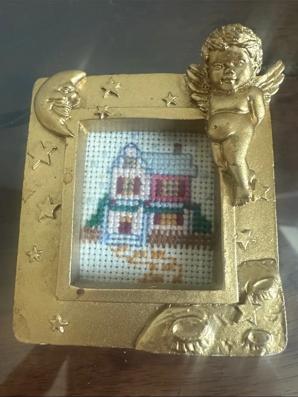 Vintage Bucilla Gold Cherub Mini Picture Frame with Cross Stitched House- Gold